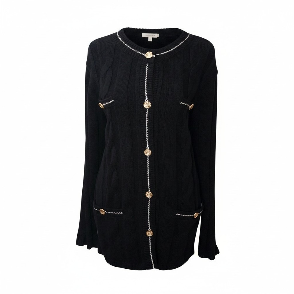 Talbots Cable Knit Cardigan Petite XL Black Gold Button Quiet Luxury Sweater